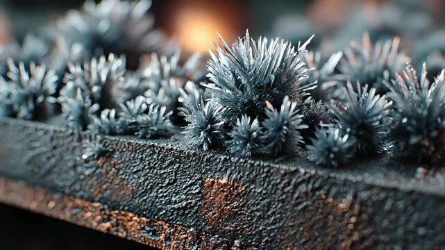 Close-up macro shot of CO₂ crystals growing in spiky formations on sub-zero heat exchanger fins, highlighting detailed frost buildup and intense cold surface texture in industrial conditions.