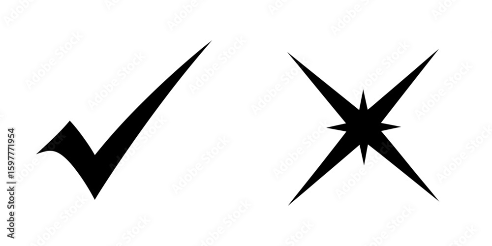 Poster stylized black check mark and star cross icon set for validation and rejection choice symbol design 