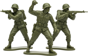 Three green plastic army soldiers in uniform one throwing a grenade two aiming rifles transparent background