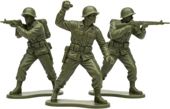 Three green plastic army soldiers in uniform one throwing a grenade two aiming rifles transparent background