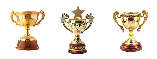Three golden trophy cups with transparent background