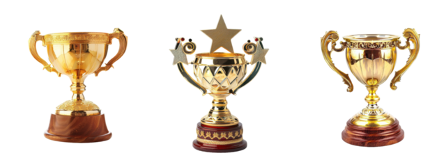 Three golden trophy cups with transparent background