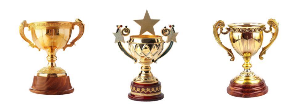 Three golden trophy cups with transparent background