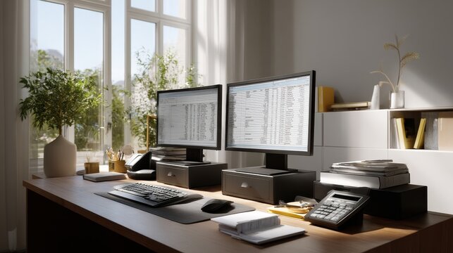 Accounting workspace with dual monitors in bright home office setting