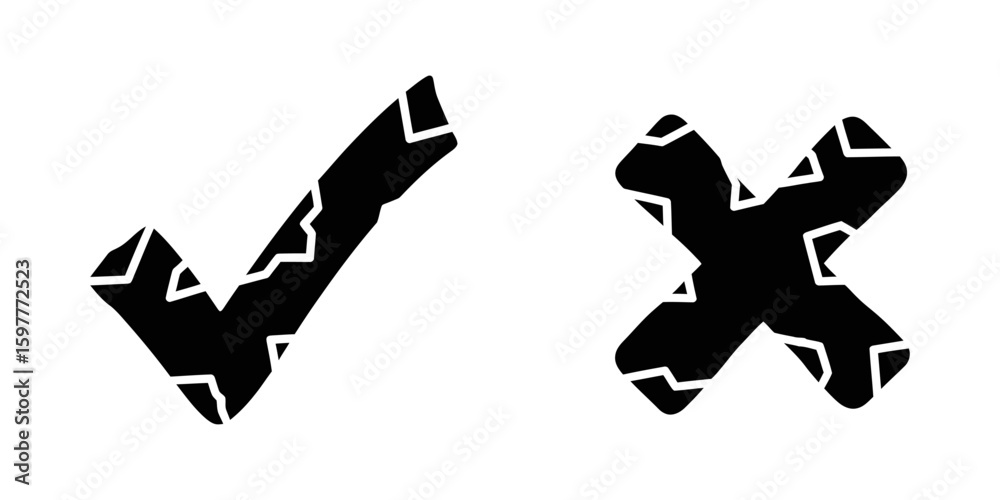 Poster grunge check and cross mark vector icon set with cracked rock texture for decision making symbol app