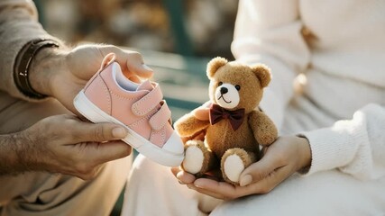 Expecting parents holding baby shoe and teddy bear anticipating newborn - Powered by Adobe