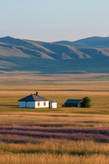 breathtaking view of mongolian steppe grassland at sunrise where delicate light creates captivating geometric