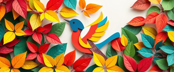Colorful paper cut bird amongst vibrant leaves, modern art style,  foliage,  silhouette