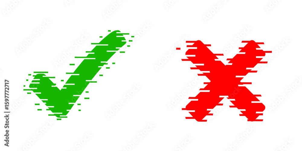 Poster green check and red cross mark with halftone pixel disintegration effect for choice symbol design va
