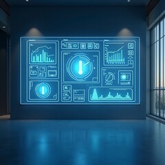 Transparent smart touchscreen wall showing smart home analytics glowing data panels virtual switches temperature control and energy usage graphs