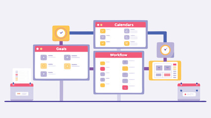Illustration of interconnected digital planning tools including calendars goals and workflow