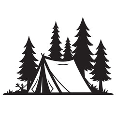 Black and white illustration of a camping tent set in a forest scene among tall pine trees for outdoor adventures