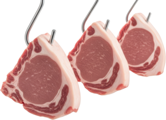 Three raw pork chops suspended on hooks showcasing marbled meat and fat transparent background