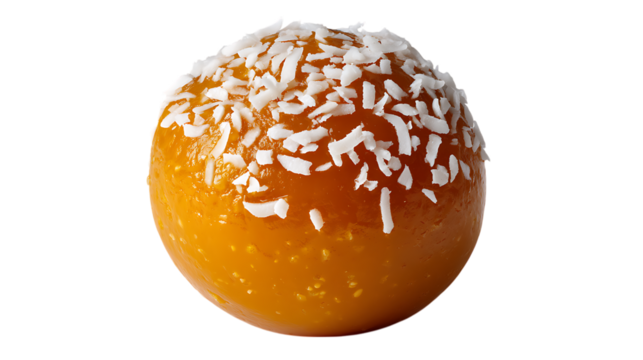 Orange fruit covered in coconut flakes isolated on transparent background