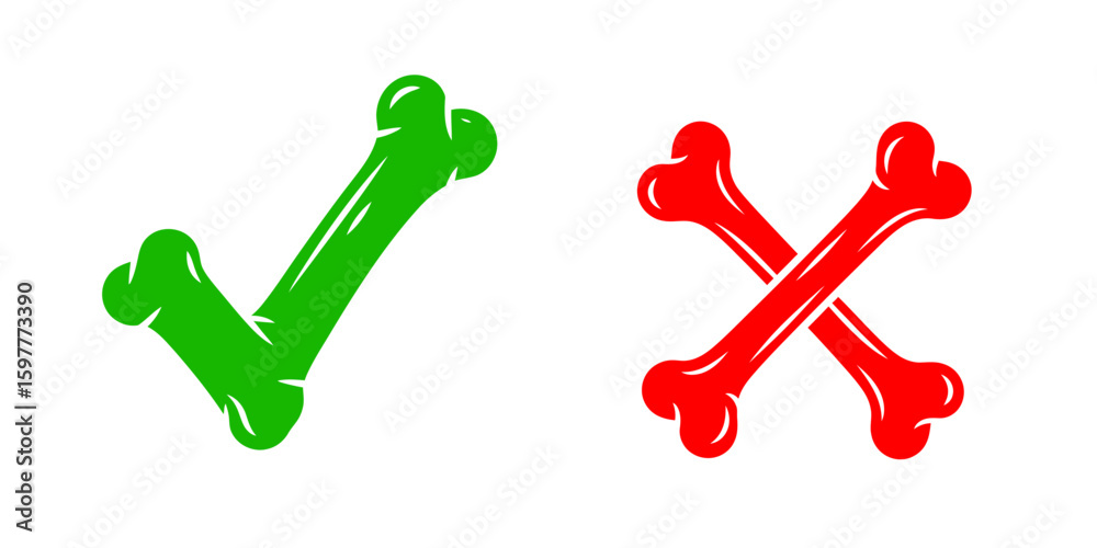 Poster funny green check mark and red cross symbol made from cartoon bone for game ui element accept reject