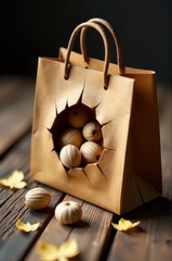 A brown gift bag holds Christmas ornaments and pine cones, surrounded by scattered leaves.