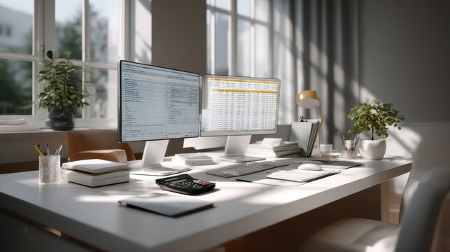 Modern accounting professional workspace with dual monitors and office supplies