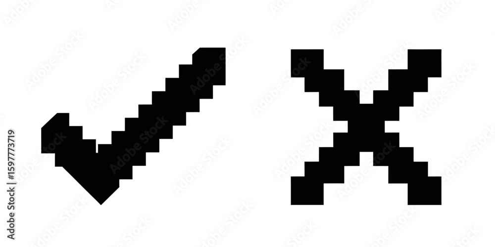Fototapete pixel art check and cross mark vector icon set for 8 bit retro video game style design element yes n