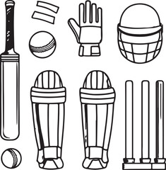 Cricket equipment collection featuring bat ball pads gloves helmet and wickets sport Vector illustration EPS download