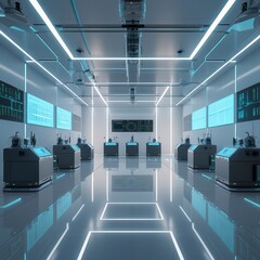 High tech AI lab interior with glowing wall screens robotic consoles transparent glass floor and suspended digital elements in balanced symmetry
