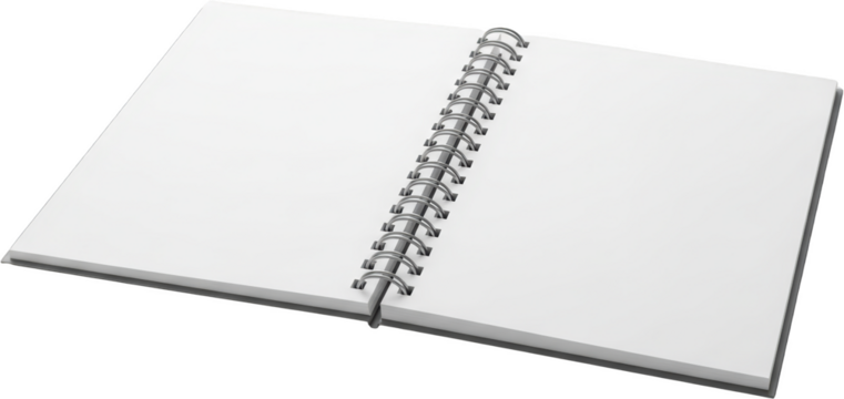 Open spiral bound notebook with blank white pages and metal binding transparent background transparent background