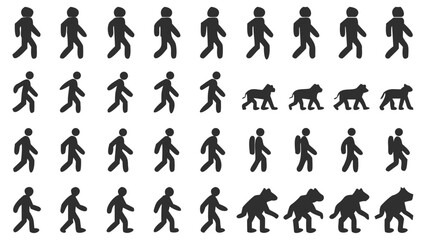 Silhouetted Figures Depicting Walking and Transformation Series Simple Black Figures on White Background Depicting Humanoid Motion and Animalistic Evolution