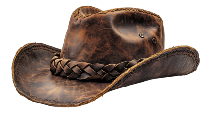 Shiny brown leather cowboy hat with curved brim and rich braided headband in vintage style on transparent background