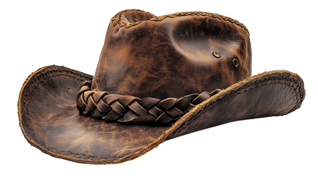 Shiny brown leather cowboy hat with curved brim and rich braided headband in vintage style on transparent background