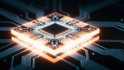 Futuristic AI chip close-up showing glowing circuits silicon pathways nano components with vivid blue and orange lighting contrast