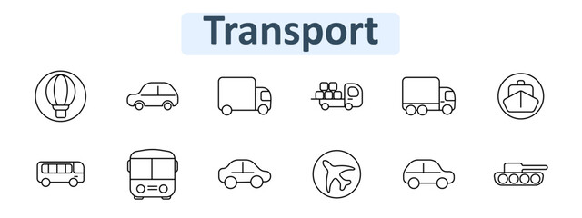 Transport icon set. Balloon, car, truck, cargo truck, trailer, ship, minibus, bus front, car side, airplane, military tank.