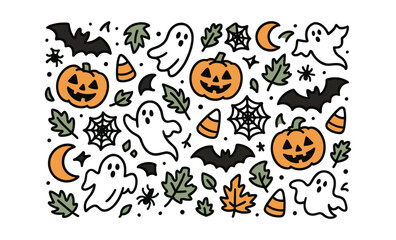 Playful halloween patterns with ghosts, pumpkins, and bats in flat doodle style