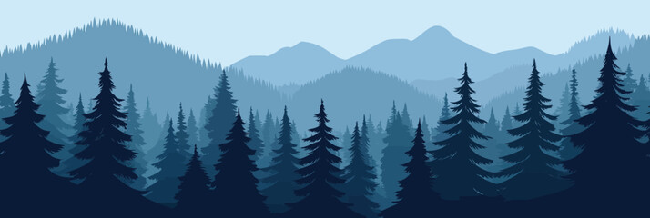 Panoramic silhouette of dense pine forest with layered mountain ranges in blue navy tone minimalist vector landscape scene