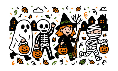 Cute kids in halloween costumes trick or treating at night