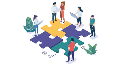 Isometric teamwork collaboration concept with diverse people standing on colorful interlocking puzzle pieces and interacting in business meeting setting vector illustration