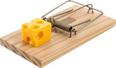 Wooden mousetrap with cheese cube isolate spring bait rodent control pest control