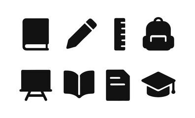 Silhouette education icons set: book, pencil, ruler, backpack, and more