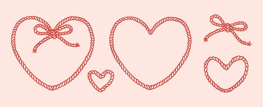 Set of rope hearts, corde bow with knot tied. Trendy frame template. Decoration for birthday, wedding, holiday, party. Vintage clipart for greeting cards, invitations