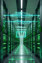 Data center interior with rows of servers glowing green status lights and digital network overlays in clean futuristic environment