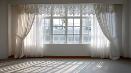 Sunlight streaming through sheer curtains onto a floor