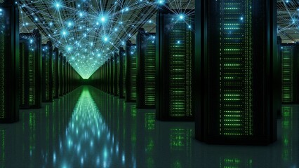 Data center interior with rows of servers glowing green status lights and digital network overlays in clean futuristic environment