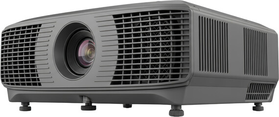 Gray digital projector with lens and ventilation grilles isolate electronic