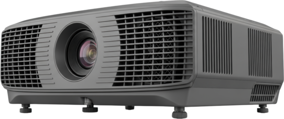 Gray digital projector with lens and ventilation grilles isolate electronic