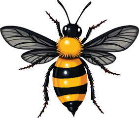 Vector art of an artistic depiction of a bee in flight, showcasing its striped body and intricate wings, isolated on white background