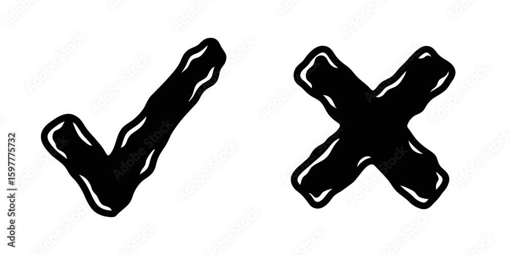 Poster hand drawn check and cross mark with outline style for sketch doodle design element validation rejec