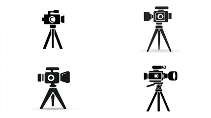 Collection of four monochrome vector illustrations of vintage movie cameras on tripods, suitable for film, cinema, and photography related projects