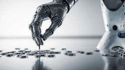 Autonomous AI-powered robotic arm precisely assembling microchips on factory floor under intense cool white lighting with metal surface reflections