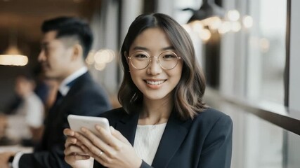Smiling Asian businesswoman using phone in modern office setting - Powered by Adobe