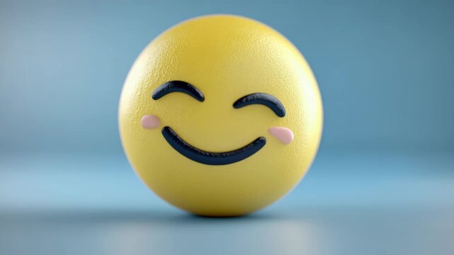 A yellow smiley face is sitting on a blue surface. The eyes are closed and the mouth is open