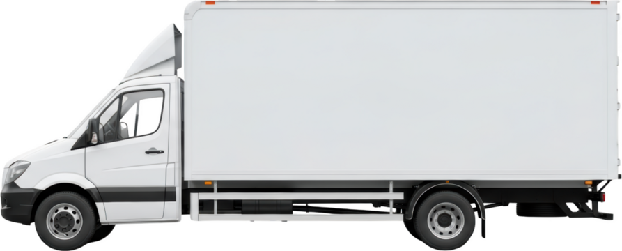 White delivery truck with a large cargo box parked and isolated van delivery vehicle transparent background