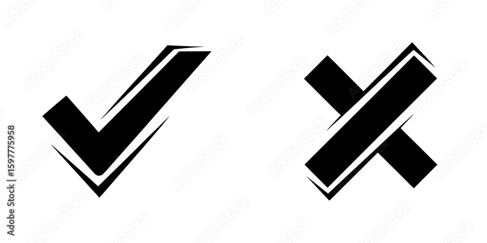 Poster check and cross mark icon with striped line pattern for sketched design element validation rejection